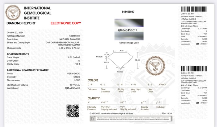 1 pcs Diamant  (Natur)  - 0.32 ct - Radiant - D (farveløs) - VS1 - International Gemological Institute (IGI)