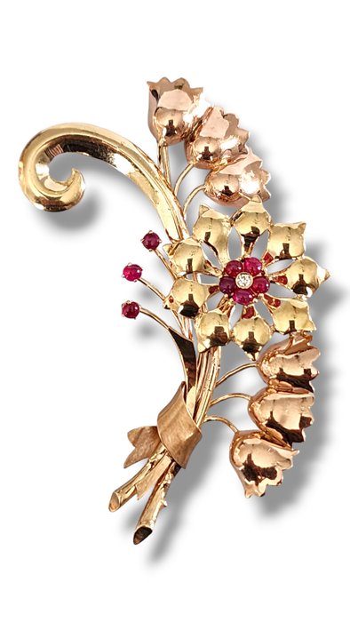 Broche - 14 karat Gulguld, Stor 14K guld, rubiner og diamantbroche Rubin - Diamant