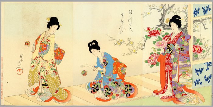 Maritsuki 鞠突 (a Jappanese form of handball) from the series 'High-ranking Ladies of the Tokugawa - Toyohara Yoshu Chikanobu (1838-1912) - Japan -  Meiji-perioden (1868-1912)