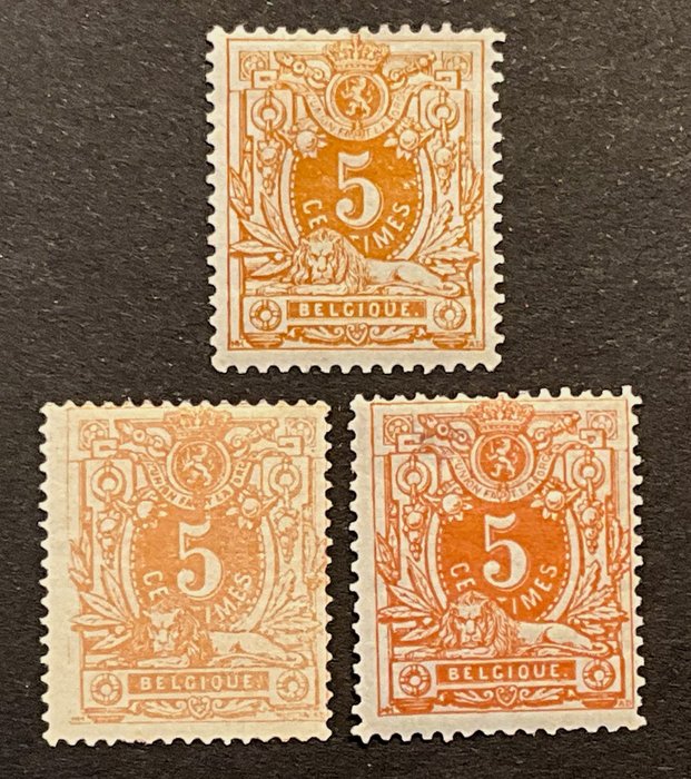 Belgien 1869/1883 - Liggende løve med værdi nummer 5c - I 3 distinkte nuancer - OBP 28