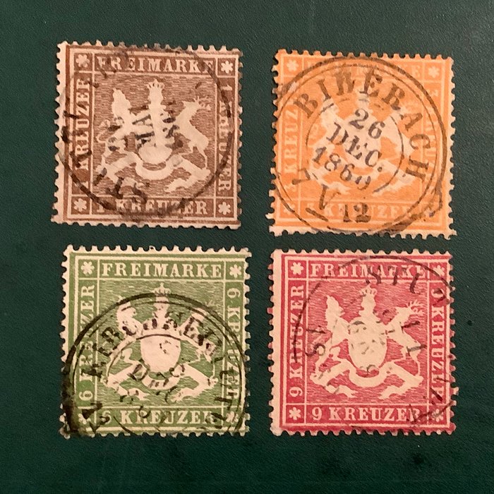 Württemberg 1860/1861 - Våbenskjold 1 til 9 Kreuzer og smukt centralt stempel - Michel 16y, 17x/19x