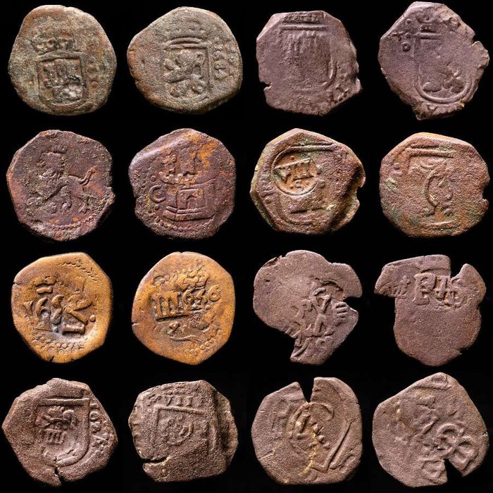 Spanien. Felipe II (1556-1598) - Felipe III (1598-1621) - Felipe IV (1621-1665). Maravedi Casa de Austria. Lote de ocho (8) monedas.  (Ingen mindstepris)