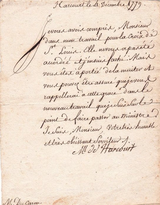 Anne Pierre d'Harcourt [Maréchal de France de Louis XVI] - Lettre autographe signée [Croix de Saint Louis] - 1779