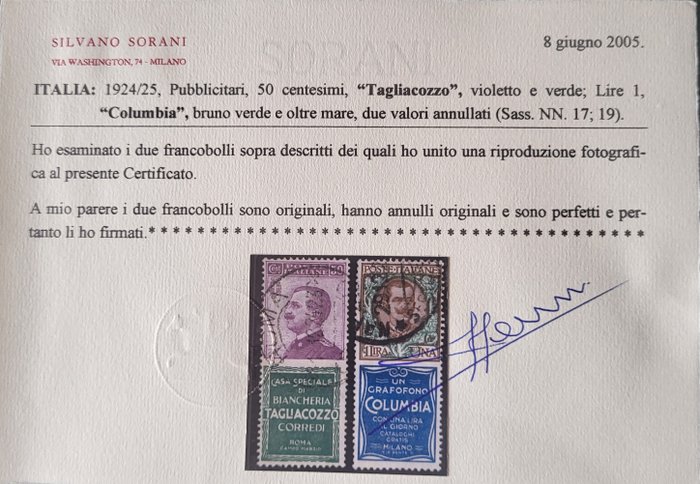 Italien Kongerige  - 1924-25 Reklame, Tagliacozzo, 50 Cent Original brugt, Sorani certificeret, top kvalitet, n.17