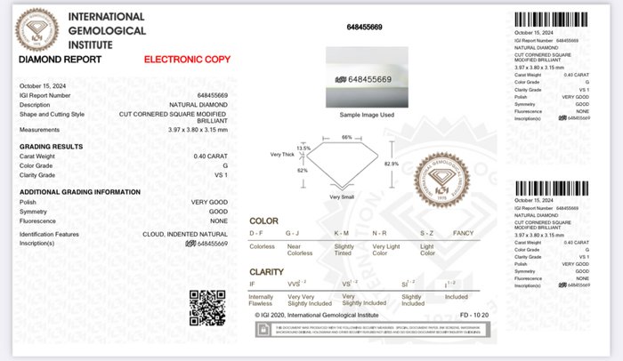 1 pcs Diamant  (Natur)  - 0.40 ct - Radiant - G - VS1 - International Gemological Institute (IGI)