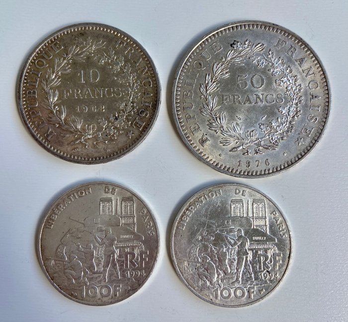 Frankrig. 1968 , 1976 , 1994 , 1994-. 100 , 100, 50 , 10 , Francs, 4 Silver Coins  (Ingen mindstepris)