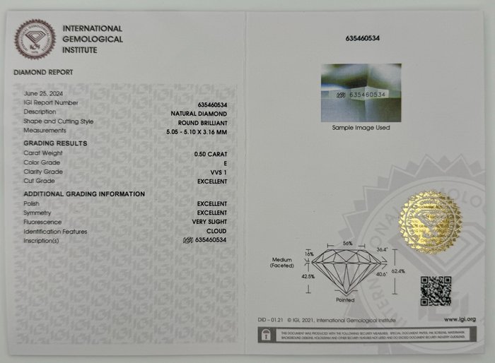 1 pcs Diamant  (Natur)  - 0.50 ct - Rund - E - VVS1 - International Gemological Institute (IGI) - *3EX*