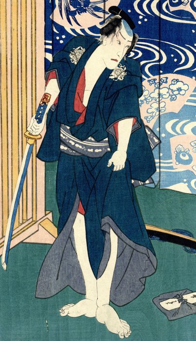 Scene from the kabuki play 'Ise ondo koi no netaba' 伊勢音頭恋寝刃 - 1852 - Utagawa Kunisada I (Toyokuni III) (1786–1864) - Japan -  Edo-perioden (1600-1868)