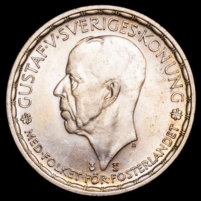 Sverige. Gustaf V (1907-1950). 2 coronas MINNE AF TJUGUFEMÅRIG REGERING / TVÅ KR. Escudo coronado con leones. 1872-1897  (Ingen mindstepris)