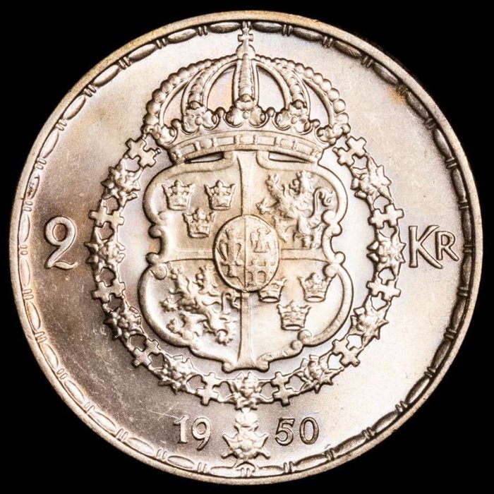 Sverige. Gustaf V (1907-1950). 2 coronas MINNE AF TJUGUFEMÅRIG REGERING / TVÅ KR. Escudo coronado con leones. 1872-1897  (Ingen mindstepris)