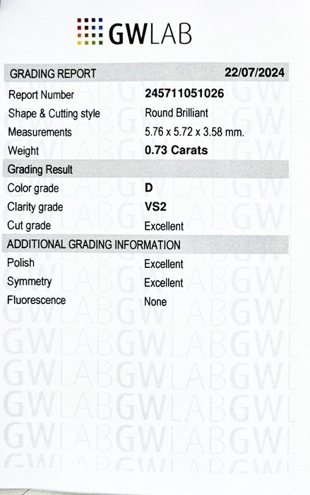 1 pcs Diamant  (Natur)  - 0.73 ct - Rund - D (farveløs) - VS2 - Gemewizard Gemological Laboratory (GWLab)