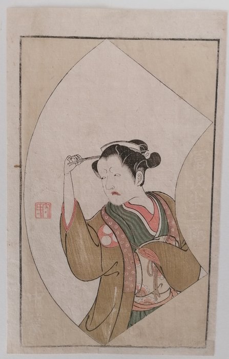 Ehon butai ogi, Actor Tomizawa Kurasaburo in a female role - Ippitsusai Bunchō 一筆斉文調 (1755-1790) - Japan -  Edo-perioden (1600-1868)