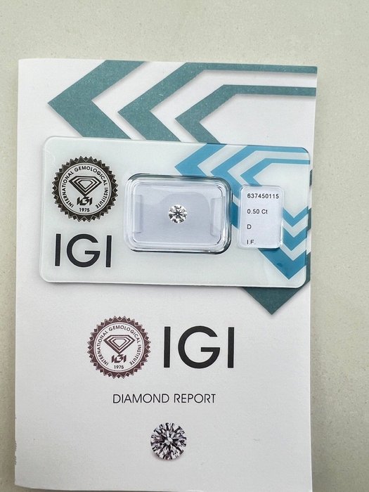 1 pcs Diamant  (Natur)  - 050 ct - Rund - D (farveløs) - IF - International Gemological Institute (IGI)