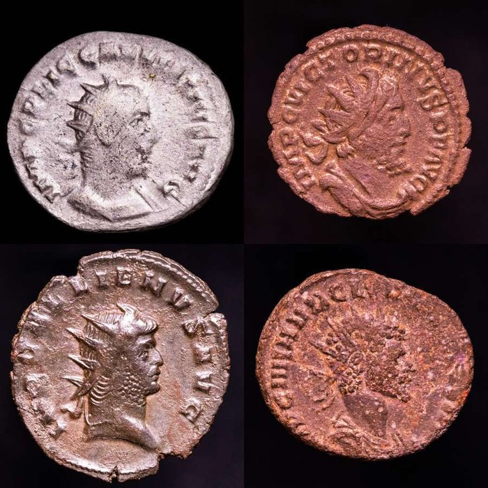 Romarriket. Gallienus (2), Victorinus and Quintillus. Lot comprising four (4) coins Lot comprising four (4) antoninianus minted in the III century A.D. 257/258 A.D.  (Ingen mindstepris)