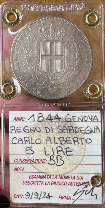 Italien, Savoyen Carlo Alberto. 5 Lire 1844 Genova  (Ingen mindstepris)