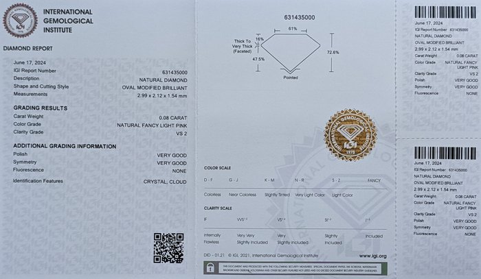 Ingen mindstepris - 1 pcs Diamant  (Naturfarvet)  - 008 ct - Oval - Fancy light Lyserød - VS2 - International Gemological Institute (IGI)