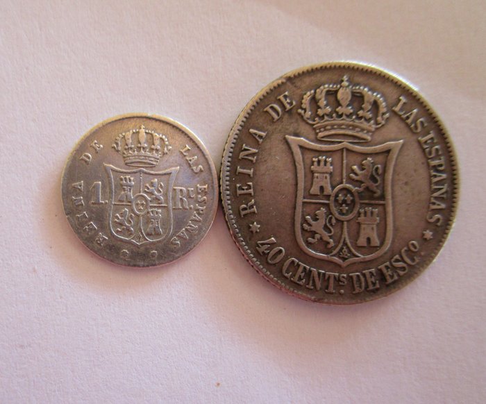 Spanien. Isabel II (1833-1868). 1 Real y 40 céntimos de Escudo Sevilla 1855 y Madrid 1865 (2 monedas)  (Ingen mindstepris)