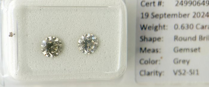 Ingen mindstepris - 2 pcs Diamant  (Naturfarvet)  - 0.63 ct - Rund - Fancy light Grå - SI1, VS2 - Gemewizard Gemological Laboratory (GWLab)