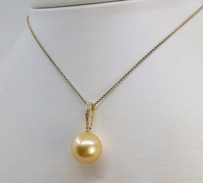 Halskæde med vedhæng - 14 karat Gulguld -  004ct tw - 11x12mm South Sea Pearl