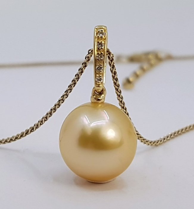 Halskæde med vedhæng - 14 karat Gulguld -  004ct tw - 11x12mm South Sea Pearl