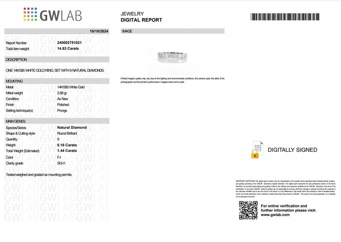 Ingen mindstepris - Alliancering - 14 karat Hvidguld -  1.44ct. tw. Diamant (Natur) - F-I