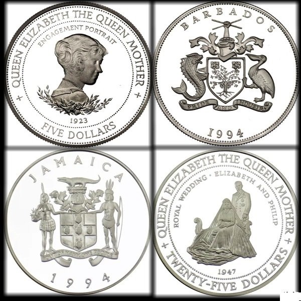 Barbados og Jamaica. 5 Dollars 1994 "Engagement Portrait  1923" and 25 Dollars "Royal Wedding" Proof  (Ingen mindstepris)