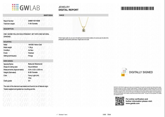 Ingen mindstepris - Halskæde med vedhæng - 14 karat Gulguld -  052ct tw Grå Diamant (Naturfarvet) - GWLab
