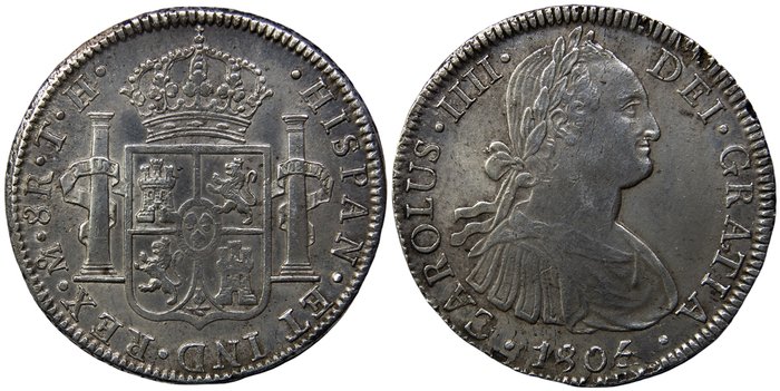 Spanien. Carlos IV (1788-1808). 8 Reales Acuñados en México en 1805. Ensayadores T·H