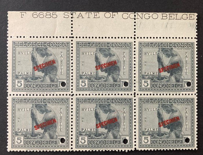 Belgisk Congo 1923 - Type Vloors: Sjælden blok af 6 med trykt overskriftsstrimmel - OBP/COB 116 'SPECIMEN' en perforatie