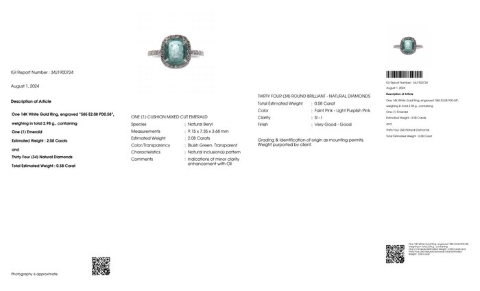 Ingen mindstepris - Ring - 14 karat Hvidguld -  266ct tw Smaragd - Diamant - IGI 208 ct blålig grøn