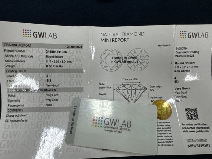 Ingen mindstepris - 1 pcs Diamant  (Natur)  - 0.50 ct - Rund - J - SI3 - Gemewizard Gemological Laboratory (GWLab)