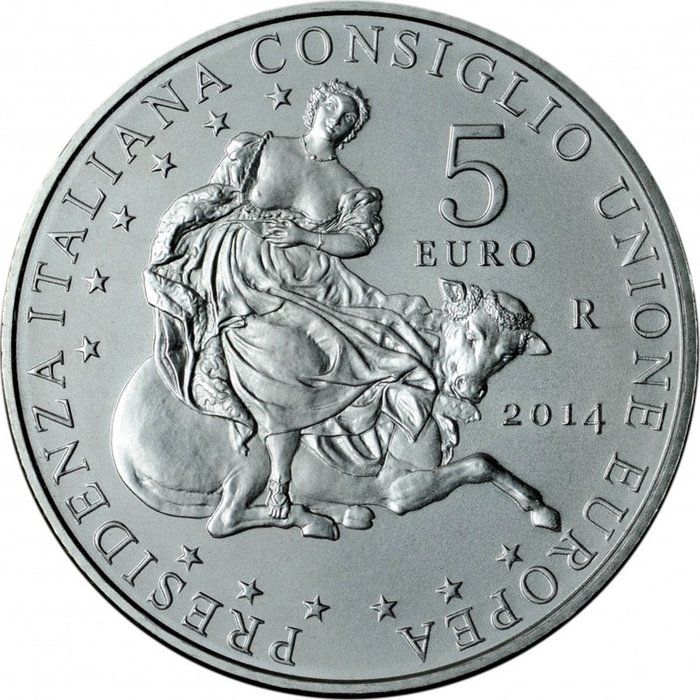 Italien. 5 Euro 2014 "Semestre di Presidenza Italiana del Consiglio dell'Unione Europea "  (Ingen mindstepris)