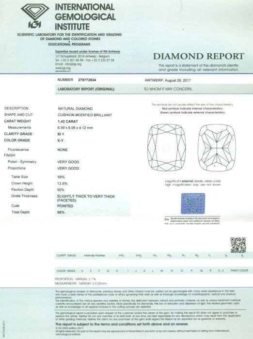 1 pcs Diamant  (Natur)  - 142 ct - Pude - SI1 - International Gemological Institute (IGI) - X - Y