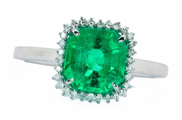 Ring - 18 kraat Hvidguld, Vivid Green (Colombia) -  2.21ct. tw. Smaragd - Diamant - 0,12 ct - VS