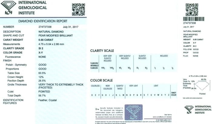 1 pcs Diamant  (Natur)  - 0.55 ct - Pære - SI2 - International Gemological Institute (IGI) - 0,55 ct. Pære Brilliant