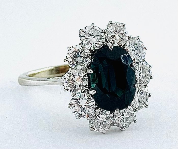 Ring - 18 kraat Hvidguld Safir - Diamant