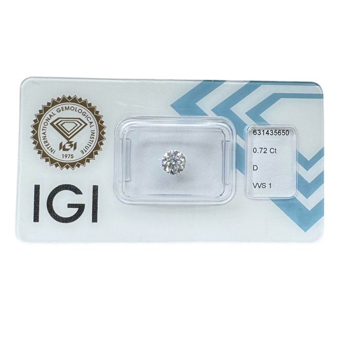 1 pcs Diamant  (Natur)  - 072 ct - Rund - D (farveløs) - VVS1 - International Gemological Institute (IGI) - ideel slebet diamant