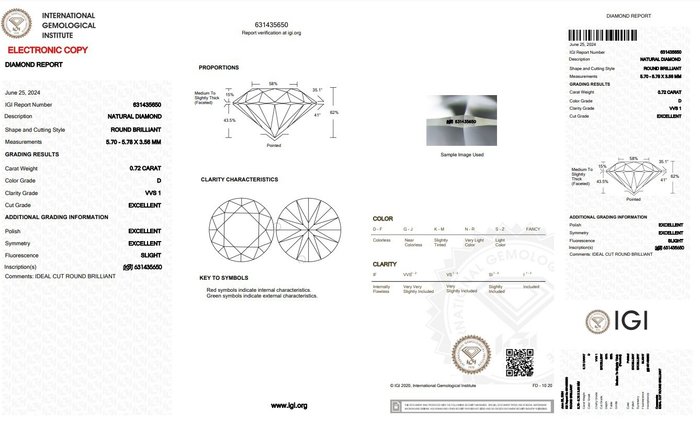 1 pcs Diamant  (Natur)  - 072 ct - Rund - D (farveløs) - VVS1 - International Gemological Institute (IGI) - ideel slebet diamant