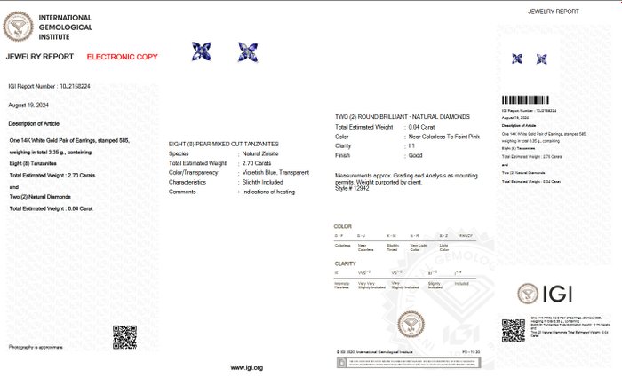 Ingen mindstepris - Øreringe - 14 karat Hvidguld -  274ct tw Tanzanit - Diamant - Pink - IGI