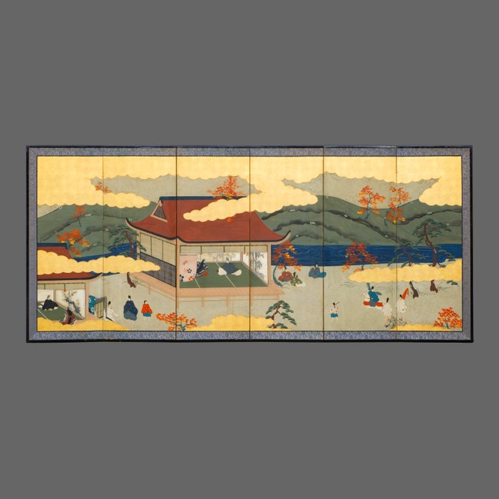 Byôbu 屏風 (foldeskærm) - Lakeret træ, Silke, Papir, Bladguld - Japan - 1800-tallet (sen Edo-periode/tidlig Meiji-periode)