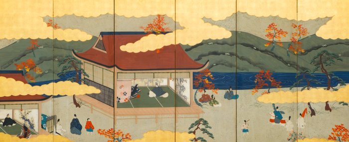 Byôbu 屏風 (foldeskærm) - Lakeret træ, Silke, Papir, Bladguld - Japan - 1800-tallet (sen Edo-periode/tidlig Meiji-periode)