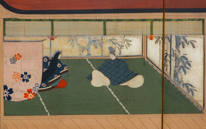 Byôbu 屏風 (foldeskærm) - Lakeret træ, Silke, Papir, Bladguld - Japan - 1800-tallet (sen Edo-periode/tidlig Meiji-periode)