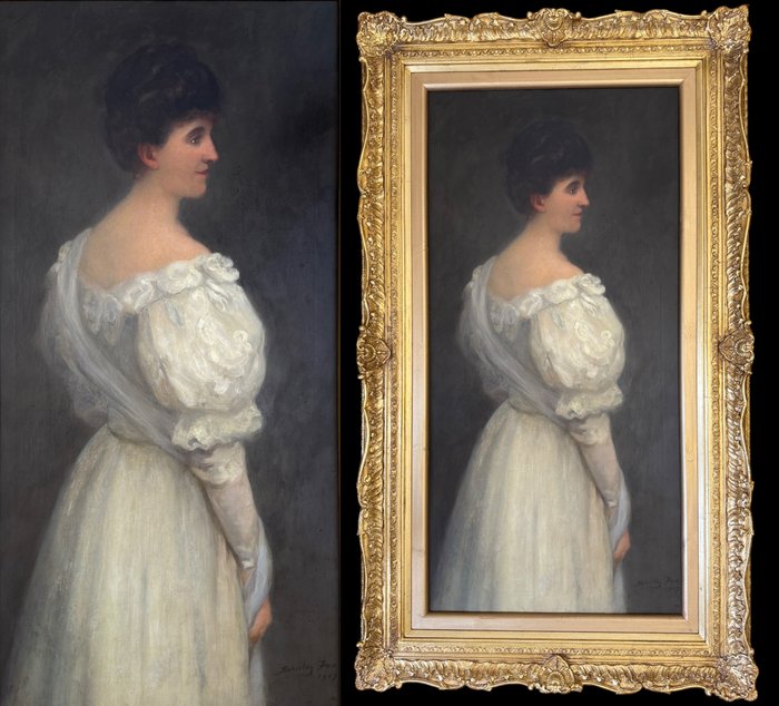 John Shirley-Fox R.B.A. (1860-1939) (A student of Bouguereau) - A very large 3/4 length portrait of an elegant Edwardian society lady