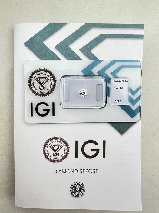 1 pcs Diamant  (Natur)  - 0.45 ct - Rund - F - VVS1 - International Gemological Institute (IGI)