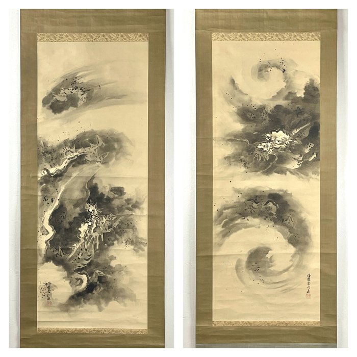 Japansk maleri – "Cloud Dragon" af Hōgen Eikawa 法眼栄川, Diptykonrulle, håndmalet på papir, - Hōgen Eikawa 法眼栄川 - Japan - 20. århundrede