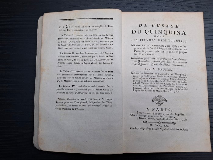 M. Baumes - De l'usage du quinquina dans les fièvres rémittentes - 1790