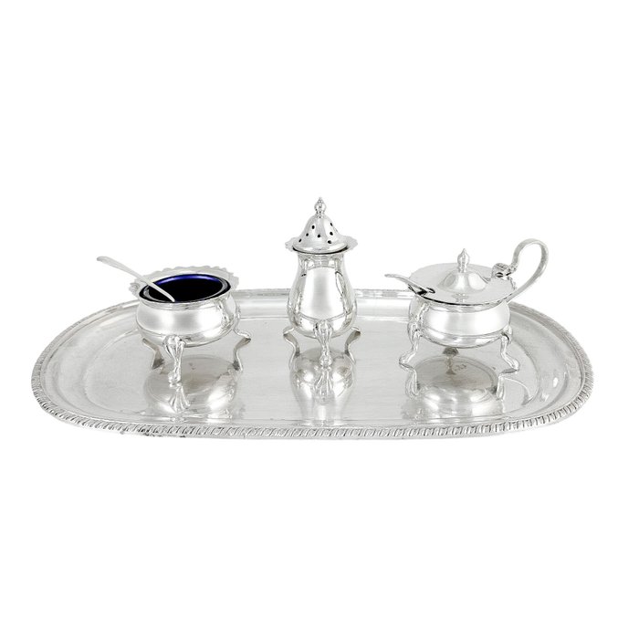 Viners of Sheffield - Salt, pepper and mustard set on oval tray stand with Bristol blue glass liners - Plat-de-ménage sæt (6) - Forsølvet, Glas