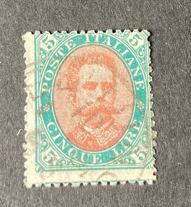 Italien Kongerige 1889 - Umberto I - 5 lire verde e carminio - Sassone N. 49