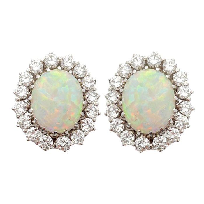 Øreringe - 14 karat Hvidguld -  428ct tw Opal - Diamant