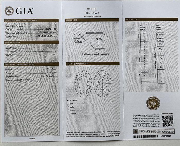 1 pcs Diamant  (Natur)  - 1.04 ct - Oval - G - VVS2 - Gemological Institute of America (GIA)